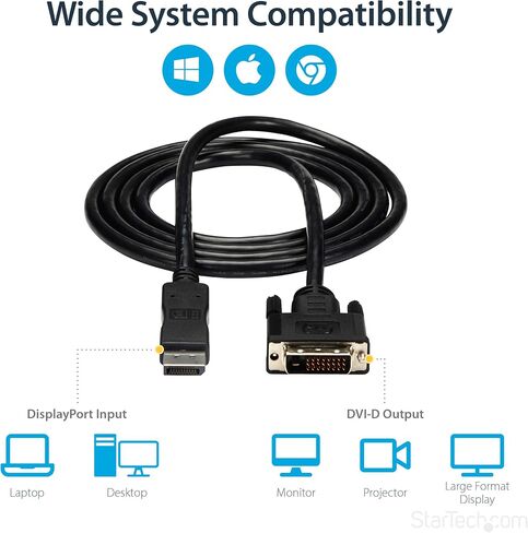 StarTech 10ft Passive DisplayPort to DVI-D Cable, 1920x1200 (DP2DVIMM10) | DP 1.2 HBR2, Single-link, HDCP, Passive, 1080p 60Hz, EDID pass-through, Non-latching DP, 1080p video, DVI-D monitor cable in Saudi Arabia