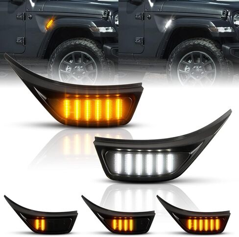 Switchback Front Fender Side Marker Lights, Sequential Dynamic LED Amber Blinker Turn Signal Lights & White Day Running Lamps Compatible with 2018-2023 Jeep Wrangler JL Gladiator JT-Smoked in Saudi Arabia