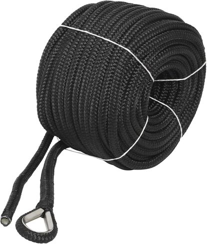 NovelBee 1/2" x 100' خط مرساة من النايلون مزدوج الجديلة مع كشتبان من الفولاذ المقاوم للصدأ، عبء عمل آمن: 1020 رطل؛ قوة الشد: 5100 رطل (أسود) in Kuwait