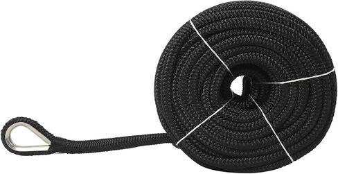 NovelBee 1/2" x 100' خط مرساة من النايلون مزدوج الجديلة مع كشتبان من الفولاذ المقاوم للصدأ، عبء عمل آمن: 1020 رطل؛ قوة الشد: 5100 رطل (أسود) in Kuwait