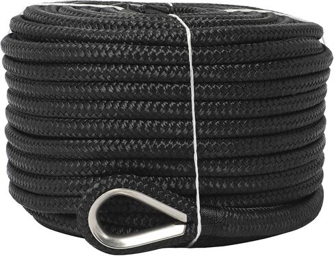 NovelBee 1/2" x 100' خط مرساة من النايلون مزدوج الجديلة مع كشتبان من الفولاذ المقاوم للصدأ، عبء عمل آمن: 1020 رطل؛ قوة الشد: 5100 رطل (أسود) in Kuwait