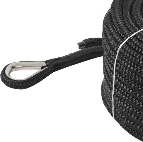 NovelBee 1/2" x 100' خط مرساة من النايلون مزدوج الجديلة مع كشتبان من الفولاذ المقاوم للصدأ، عبء عمل آمن: 1020 رطل؛ قوة الشد: 5100 رطل (أسود) in Kuwait