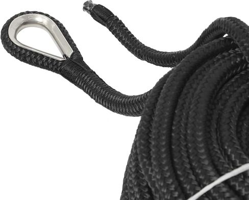 NovelBee 1/2" x 100' خط مرساة من النايلون مزدوج الجديلة مع كشتبان من الفولاذ المقاوم للصدأ، عبء عمل آمن: 1020 رطل؛ قوة الشد: 5100 رطل (أسود) in Kuwait