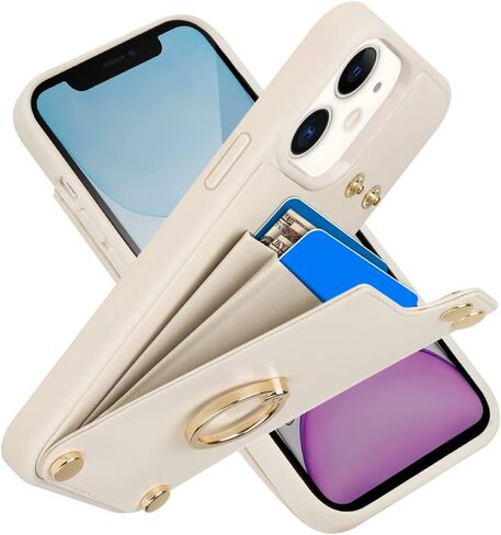 LAMEEKU متوافق مع جراب محفظة iPhone 11 مقاس 6.1 بوصة، جراب جلدي مع حامل بطاقات، [مسند حلقي يدور 360 درجة]، جراب واقٍ مزود بزر كبس RFID مصمم لهاتف Apple iPhone 11 (2019) بيج in Kuwait