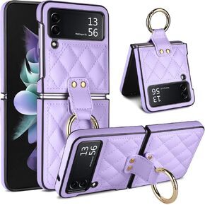 Vofolen Case for Samsung Galaxy Z Flip 3 with Ring, Luxury Soft Rhomboid for Women Men PU Leather + Hard PC Shell Ultra Thin Slim Durable Shockproof Protective Cover for Galaxy Z Flip 3 5G Purple