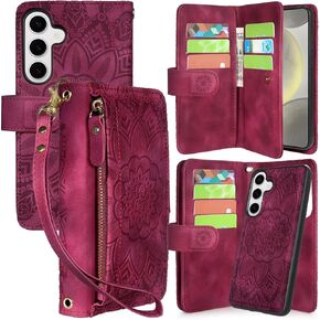 Harryshell Compatible with Samsung Galaxy S25 Wallet Detachable Magnetic Phone Case Wireless Charging [Theft-Scan Blocking] Card Slots, Cash Zipper Pocket Wrist Strap (Floral Blue Green)