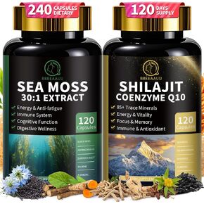 Sea Moss and Shilajit Bundle, All in 1 Supplements with Shilajit 720,000mg, Sea Moss 684,000mg, Coenzyme Q10, Black Seed, Ashwagandha, Burdock for Energy, Antioxidant, Immune Support, 240 Capsules