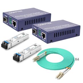 A Pair Gigabit Ethernet Media Converter, 10/100/1000Mbps Networks Ethernet to Fiber Media Converter, with 2pcs 1000Base-LX SFP Module and 4pack OM3 LC to LC Fiber Patch Cable