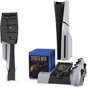 Multifunctional Stand for PS5/PS5 Slim, with Dual Controller Charging Dock, Adjustable Fan, Game Disc Storage for 10 Discs, USB-Powered Docking Station