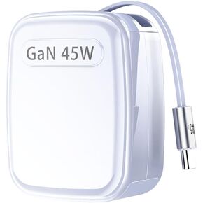 45W USB-C Charger Block with Folding Prongs GaN Phone Charger with Retractable Built in Cable+Single Type-C Port Adapter for iPhone 16/15, MacBook Air, iPad Pro, Samsung, Pixel