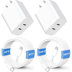 Phone 16 15 Charger Fast Charging, 2 Pack 20W Dual Port Speed Charger USB C Charger Block with 10FT/6FT Long USB C to C Charging Cable Cord Compatible with iPhone 15 16 Pro/Plus/Pro Max,Pad Pro,White
