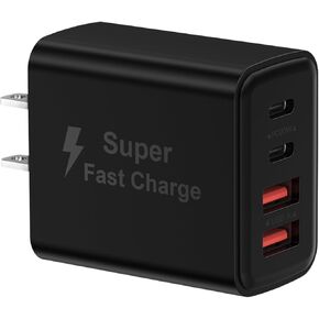 USB C Wall Charger, 40W USB C Fast Charger Block, 4-Port PD Power Adapter + QC Wall Plug Multiport Type C Charging Block Cube Compatible with iPhone 16 15 14 13 12 11 Pro Max XR XS 8 7, Samsung，Black