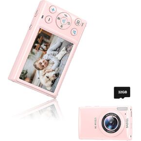 Digital Camera 4K FHD Camera 3" 64MP Point and Shoot Digital Camera for Pictures with 32GB Card 18X Zoom Compact Small Vintage Camera (Pink Glossy)