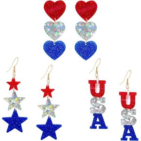 American Flag Earrings for Women 4th of July Earrings Patriotic Star Drop Dangle Earrings for Girls Independence Day Gift Pack of 4 Pairs