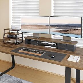 Fenge Dual Monitor Riser with Drawer & 4 Tier Desktop Organizer, Brown