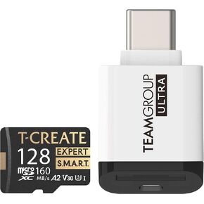 TEAMGROUP T-Create Smart A2 128GB Micro SDXC U3 V30 Memory Card TTCS128GIA2V3003 Bundle with Ultra CR I MicroSD Memory Card Reader TWCRIW01