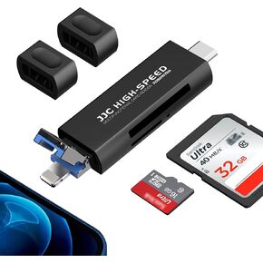 SD Card Reader for iPhone/ipad/MacBook，Multiple Connector Light & USB-C 3.0 & USB-A 2.0 Memory SD TF Card Reader Portable Trail Camera Viewer Micro SD TF Card Adapter, No App Required Plug and Play