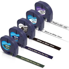 5 حزمة متوافقة مع Dymo Label Maker تعبئة بديل لـ Dymo Letratag Label Maker تعبئة 12 مم (1/2 بوصة) شريط ملصق بلاستيكي ملون لـ Letra Tag LT 100H 100T QX50 صانعي الملصقات المحمولة