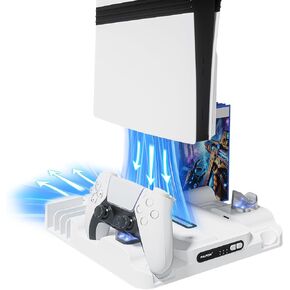 Cooling Station Stand with Dual Controlle Charging for PS5/PlayStation 5 Pro/Slim Console,Cooler System Vertical Dock Compatible with PS 5 Digital&Disc Accessories with 3-Level Fan LED Light-White