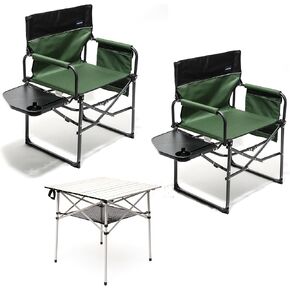 SUNNYFEEL Camping Directors Chair 2 Pack with Aluminum Outdoor Folding Table, Oversized Portable Folding Chair with Pocket for Beach, Fishing,Trip,Picnic,Lawn,Concert