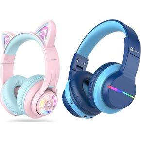 iClever BTH13 & BTH12 Kids Bluetooth Headphones Bundles, Colorful LED Lights Up, 74/85/94dB Volume Limited, Bluetooth 5.2, AUX Cable, Over Ear Kids Headphones Wireless for iPad/Tablet/Travel