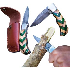 Premium Handmade Damascus Skinning Knife with Leather Sheath – Ideal for Hunting, Camping, and Outdoor Tasks – Compact Folding Blade with Olive Wood Handle