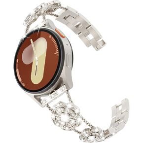 FULLIFE Compatible with Samsung Galaxy Watch 7 Band 40mm 44mm for Women, Camellia Jewelry Diamond Rhinestone Stainless Steel Metal Wristband Strap 20mm Width Galaxy Watch 7/FE/6/5/4 Classic, Rosegold