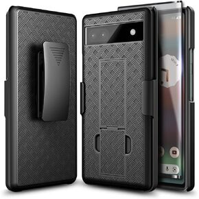 NZND Compatible with Google Pixel 6A Case 5G (2022) with Tempered Glass Screen Protector (Maximum Coverage), Belt Clip Holster Shell, Ultra Slim Thin Cover with Built-in Kickstand Case Cover (Black)