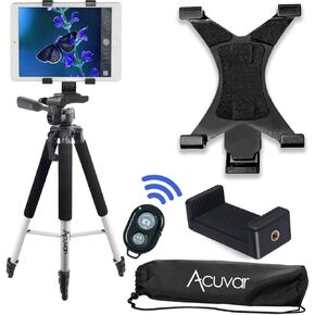 Acuvar 57" inch Pro Series Tripod, Tablet Mount + Acuvar Universal Smartphone Mount + Wireless Remote for All Smartphone and tablet devices + eCostConnection Microfiber Cloth