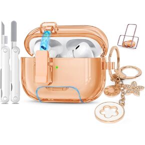 بالنسبة إلى AirPods Pro 2nd/1st Generation Cases Pink مع سلسلة مفاتيح Lock & Bling للنساء والجنود ، و Case Case Case Cove لينة من أجل AirPods Pro 2 مع مجموعة التنظيف ، وظيفة حامل الهاتف