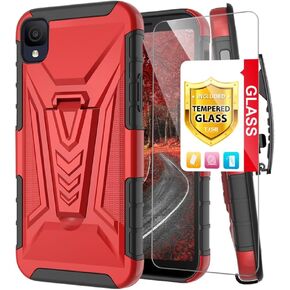 TJS Compatible for Alcatel TCL A3 A509DL Case, TCL A30 Case, TCL ION Z Case, with Tempered Glass Screen Protector, Belt Clip Holster Hybrid Kickstand Heavy Duty Drop Protector Phone Case (Red)