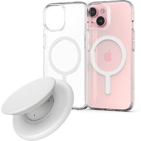 Sinjimoru for MagSafe Phone Grip, M-Tap Tok White & iPhone 15 Case Compatible with MagSafe, M-Airclo Basic