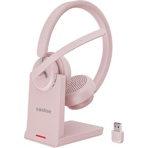 سماعات الرأس اللاسلكية مع MIC ، سماعات رأس Bluetooth مع ميكروفون إلغاء ضوضاء AI ، وسماعات اللاسلكي 2.4 جيجا هرتز مع Dongle USB للكمبيوتر/مركز الاتصال/الاتصال/التكبير （Pink）