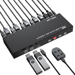 MT-VIKI KVM Switch DisplayPort 4 Port,4K@60Hz DP KVM Switch RGB 4:4:4 for 4 Computers Sharing 1 Monitor&Keyboard&Mouse, Support Hotkey/Button Switching, Include Cable