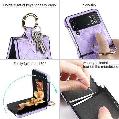 حالة Vofolen لـ Samsung Galaxy Z Flip 3 مع حلقة ، رومبوي ناعمة فاخرة للنساء الرجال Pu Leather + Hard PC Shell Thul Thin Slim Drackproof Proching for Galaxy Z Flip 3 5G Purple in Kuwait