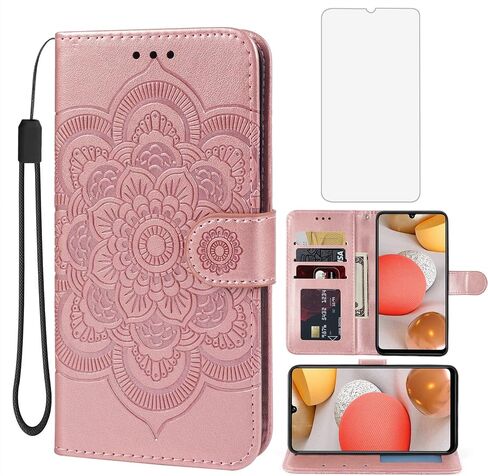 حالة GALAXY A42 5G CASE ، GALAXY M42 5G SM-A426 CASE مع واقي شاشة زجاجية مقسمة ، حافز بطاقة بطاقة الائتمان من جلود Samsung Galaxy A42 5G Rose Gold in Kuwait