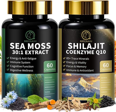 Sea Moss and Shilajit Bundle, All in 1 Supplements with Shilajit 720,000mg, Sea Moss 684,000mg, Coenzyme Q10, Black Seed, Ashwagandha, Burdock for Energy, Antioxidant, Immune Support, 240 Capsules in Kuwait