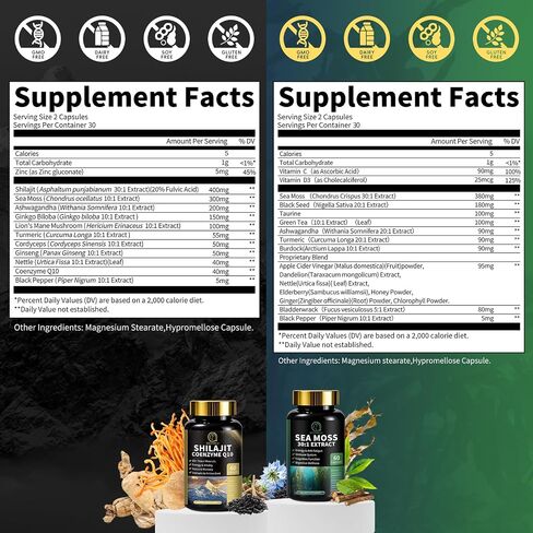 Sea Moss and Shilajit Bundle, All in 1 Supplements with Shilajit 720,000mg, Sea Moss 684,000mg, Coenzyme Q10, Black Seed, Ashwagandha, Burdock for Energy, Antioxidant, Immune Support, 240 Capsules in Kuwait