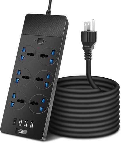 شريط طاقة عالمي مع 6 منافذ و4 USB، سلك تمديد بطول 6.5 قدم بقدرة 3000 وات، واقي من زيادة التيار بشريط طاقة عالمي 110 فولت - 250 فولت، سلك تمديد للمنزل والمكتب وغرفة النوم (أسود) in Kuwait