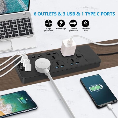 شريط طاقة عالمي مع 6 منافذ و4 USB، سلك تمديد بطول 6.5 قدم بقدرة 3000 وات، واقي من زيادة التيار بشريط طاقة عالمي 110 فولت - 250 فولت، سلك تمديد للمنزل والمكتب وغرفة النوم (أسود) in Kuwait