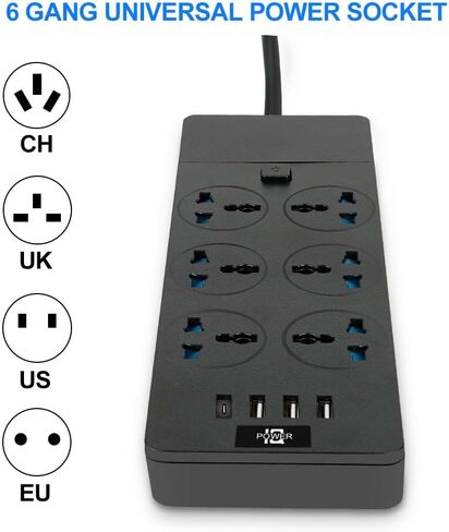 شريط طاقة عالمي مع 6 منافذ و4 USB، سلك تمديد بطول 6.5 قدم بقدرة 3000 وات، واقي من زيادة التيار بشريط طاقة عالمي 110 فولت - 250 فولت، سلك تمديد للمنزل والمكتب وغرفة النوم (أسود) in Kuwait