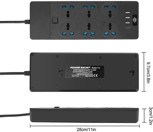 شريط طاقة عالمي مع 6 منافذ و4 USB، سلك تمديد بطول 6.5 قدم بقدرة 3000 وات، واقي من زيادة التيار بشريط طاقة عالمي 110 فولت - 250 فولت، سلك تمديد للمنزل والمكتب وغرفة النوم (أسود) in Kuwait