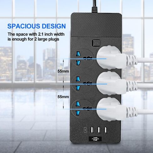 شريط طاقة عالمي مع 6 منافذ و4 USB، سلك تمديد بطول 6.5 قدم بقدرة 3000 وات، واقي من زيادة التيار بشريط طاقة عالمي 110 فولت - 250 فولت، سلك تمديد للمنزل والمكتب وغرفة النوم (أسود) in Kuwait