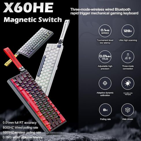 ATTACK SHARK MAMBASNAKE X60HE Rapid Trigger Magnetic Switch 60% RGB Wireless Mechanical Gaming keyboard,2.4Ghz/BT/Wired,8KHZ Polling Rate,0.01mm Adjustable Actuation,Web Driver for Win/Mac(Star White) in Kuwait
