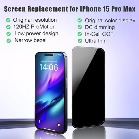 for iPhone 15 Pro Max Screen Replacement, 6.7'' COF LCD Display (for A2849,A3105, A3108,A3106) and 3D Touch IPS FHD Digitizer Full Assembly with Repair Tool Kits, 120Hz Promotion, Screen Protector in Saudi Arabia