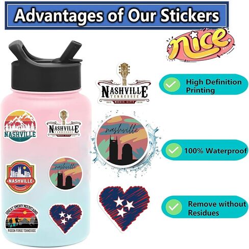 ملصقات Nashville Tennessee 50pcs مقاوم للماء فينيل ناشفيل ميوزيك سيتي شارات لزجاجات المياه المحمولة كوب الأمتعة كمبيوتر الهاتف المحمول جيتار الخوذة على الجليد in Kuwait