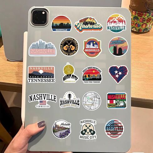 ملصقات Nashville Tennessee 50pcs مقاوم للماء فينيل ناشفيل ميوزيك سيتي شارات لزجاجات المياه المحمولة كوب الأمتعة كمبيوتر الهاتف المحمول جيتار الخوذة على الجليد in Kuwait