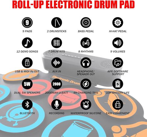 مجموعة الطبول الإلكترونية G7، مجموعة طبول مكونة من 9 وسائد مع مكبرات صوت مدمجة، 7 أصوات طبول، بلوتوث ومدخل AUX، وسادة طبل قابلة للطي مع دواسات قدم، بطارية قابلة لإعادة الشحن، مقبس سماعة الرأس، وقت تشغيل 10 ساعات، طبل محمول in Kuwait