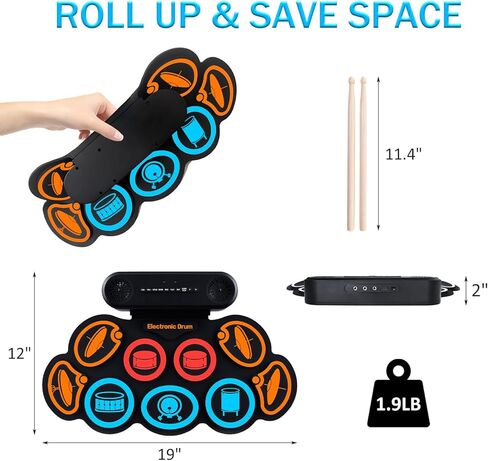 مجموعة الطبول الإلكترونية G7، مجموعة طبول مكونة من 9 وسائد مع مكبرات صوت مدمجة، 7 أصوات طبول، بلوتوث ومدخل AUX، وسادة طبل قابلة للطي مع دواسات قدم، بطارية قابلة لإعادة الشحن، مقبس سماعة الرأس، وقت تشغيل 10 ساعات، طبل محمول in Kuwait
