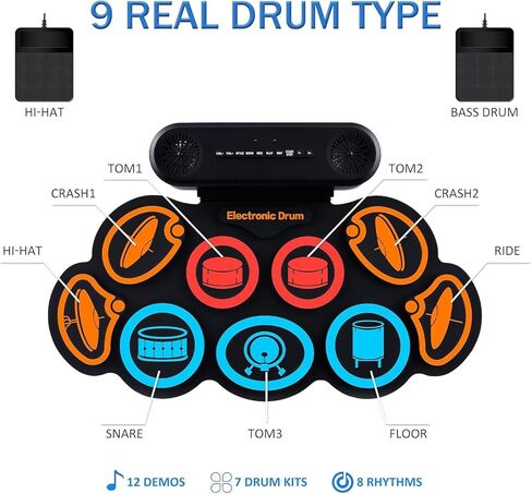 مجموعة الطبول الإلكترونية G7، مجموعة طبول مكونة من 9 وسائد مع مكبرات صوت مدمجة، 7 أصوات طبول، بلوتوث ومدخل AUX، وسادة طبل قابلة للطي مع دواسات قدم، بطارية قابلة لإعادة الشحن، مقبس سماعة الرأس، وقت تشغيل 10 ساعات، طبل محمول in Kuwait